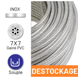 Déstockage - Câble 7x7 en inox 316 diamètre 1,25/2 mm gainé PVC cristal - 35 mètres