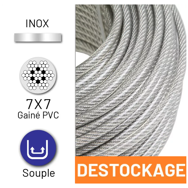 Déstockage - Câble 7x7 en inox 316 diamètre 1,25/2 mm gainé PVC cristal - 35 mètres