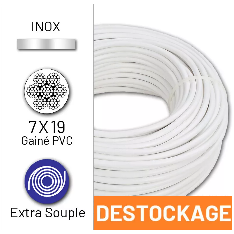 Déstockage - Câble 7x19 AM en inox 316 diamètre 8/10 mm gainé PVC blanc