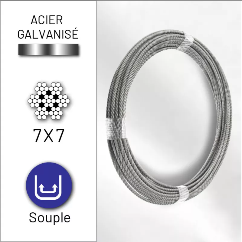 Câble souple 7x7 en acier galvanisé de diamètre 1.5 mm conditionné