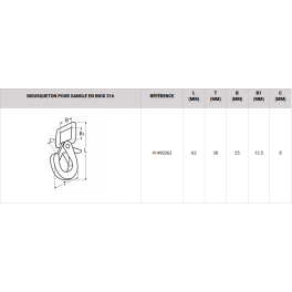 Mousqueton pour sangle en inox 316 de longueur 62 mm