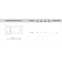 Charnière asymétrique en inox 316