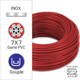 Câble souple 7x7 D.1/2 mm en inox 316 gainé PVC rouge