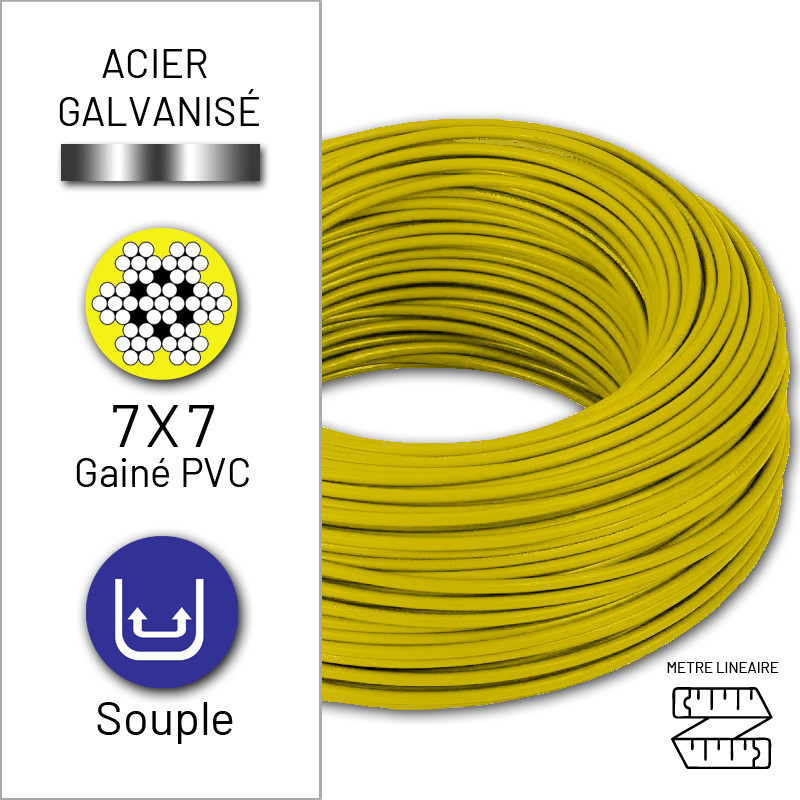 CABLE SOUPLE 7X7 D3/5 EN ACIER GALVA GAINE PVC JAUNE FLUO